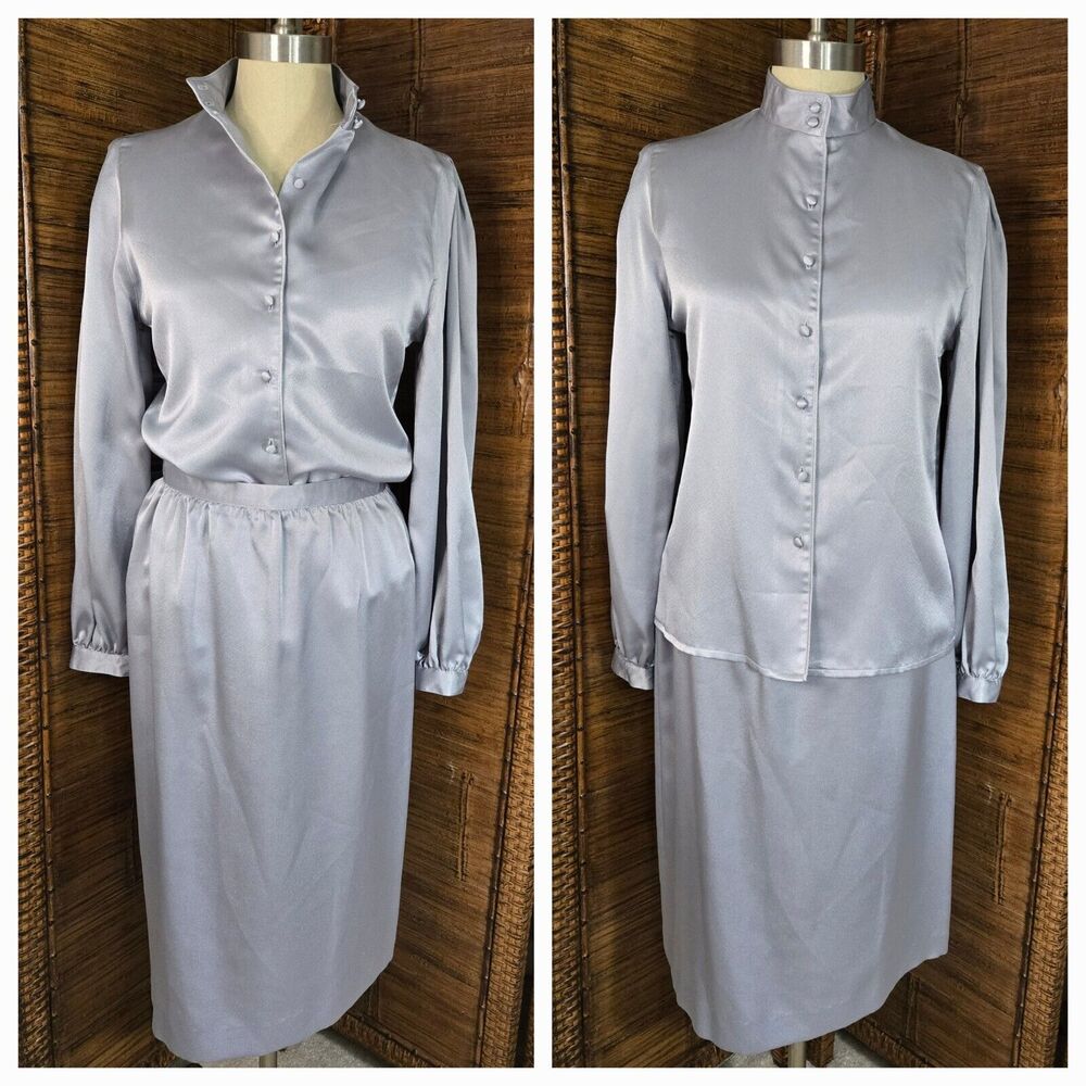 RARE! NWT Vintage 70s Pierre Cardin Boutique Satin Skirt Set Size 8 in Dove Grey